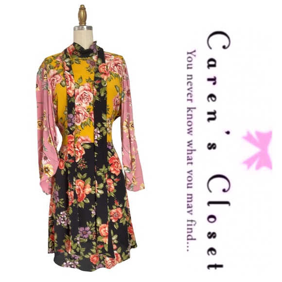 Zara Mixed Floral Long Sleeve Tie Neck Boho Chic Dress - Picture 7 of 12